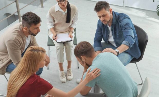 group of drug addicted people at therapy session indoors