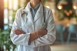 doctor standing with arms crossed, wearing a white coat and stethoscope