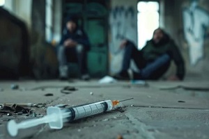 close-up of a syringe with a blurred man drug addict sitting in the background