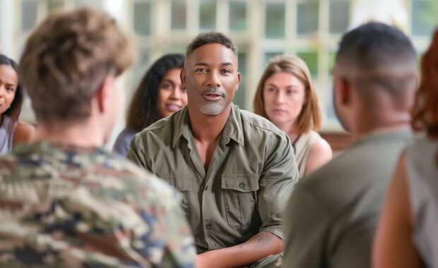 a detailed image of a veteran speaking to a supportive audience in a outpatient therapy group setting