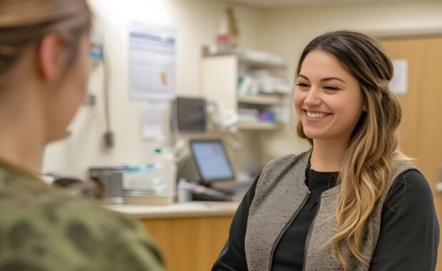 lifestyle photo of a receptionist checking in a patient at outpatient treatment program, warm and friendly expression, bright clinic background