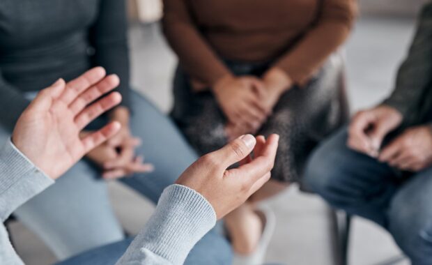 support with group, therapy and mental health with hands and help