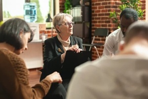 caucasian retired female psychiatrist holding clipboard and giving advice to multiethnic clients during therapy session