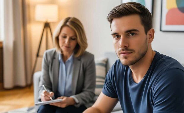 Young Adult Man in Therapy Session for Mental Health