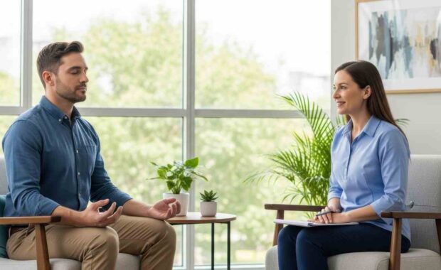 Woman Therapist Consults with A Male Client Practicing Meditation During Session