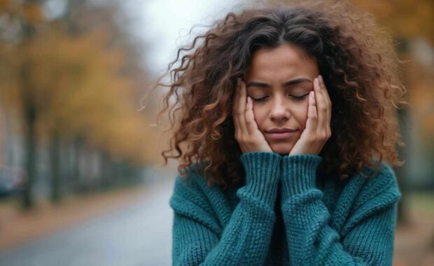 Young Woman Walking Outdoors Holding Her Face Feeling Mentally Upset