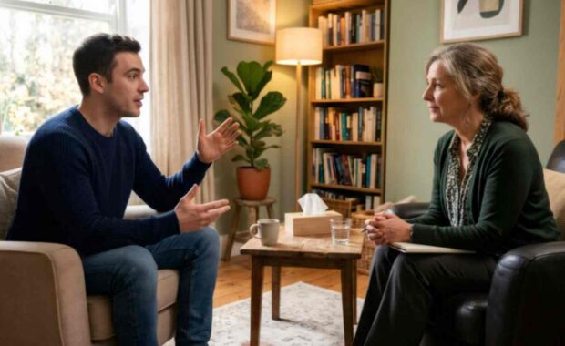 Man Explaining His Mental Health Issues to Therapist in Session