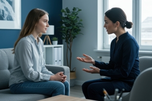 Mental Health Service Provider Talking to A Patient in Her Office