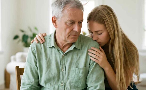 Daughter Comforting Her Father During Mental Health Recovery