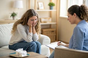Stressed Young Woman Sitting on Couch in Front of Therapist